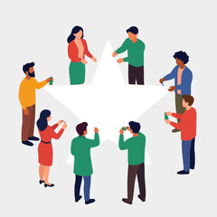Fototapeta premium Diverse Group of People Standing Around a Large White Star Shape on a Gray Background, Minimalist Flat Illustration Concept for Teamwork, Unity, Success and Community Celebration