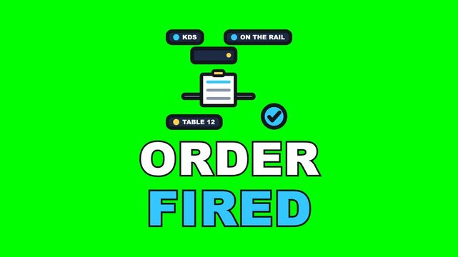 4K green screen ORDER FIRED animated text - the docket printing out of the KDS and slapping onto the rail, kinetic typography kitchen overlay for chef content, chroma key