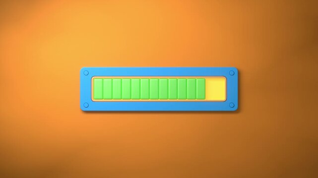 3D render of a loading bar filling up with green blocks on an orange background