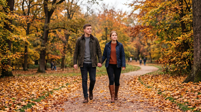 Young couple walking hand in hand along a winding trail through a vibrant autumn forest with colorful orange and yellow leaves covering the ground during daytime
