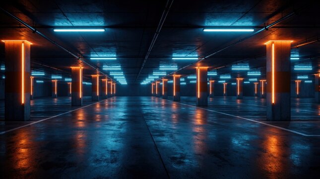 Modern underground parking garage with neon lights. Abstract interior design features blue, orange glow on concrete floor. Futuristic architecture with geometric pillars, symmetry. Dark moody
