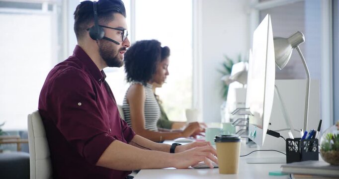 Computer, coworking and man with team in call center for contact us, consulting and faq support. Talking, office and workers on tech for customer service, telecommunication and virtual assistance