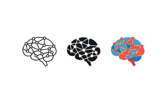 Minimalist network brain icons featuring outline silhouette and colorful design
