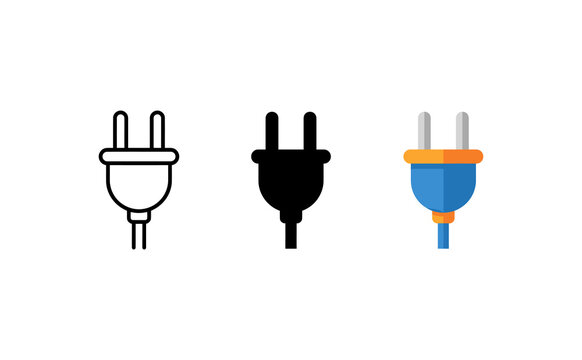 Minimalist electric plug icons set featuring outline solid and colorful vector styles