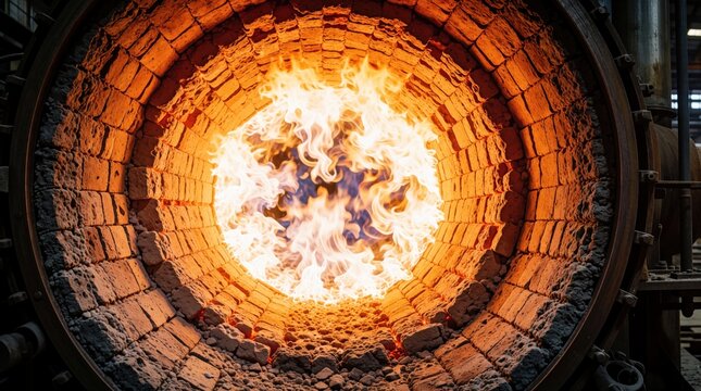 Industrial furnace interior with intense flames burning bright within durable brick lining. High temperature process operates fully, creating heat, energy for production. Equipment fuels