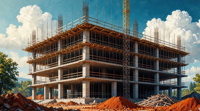Modern multi-story building framed by concrete columns and rebar. Scaffolding surrounds structure on sunny day with clouds. Construction site shows progress on new development.
