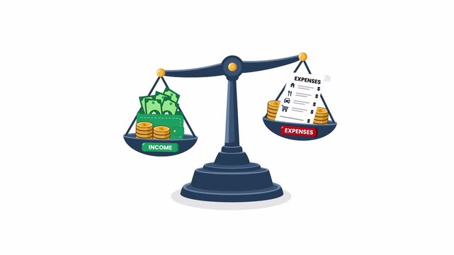 Income and expense balance with a weighing scale, green income stack and red expense stack, 2d vector illustration, alpha channel, transparent background