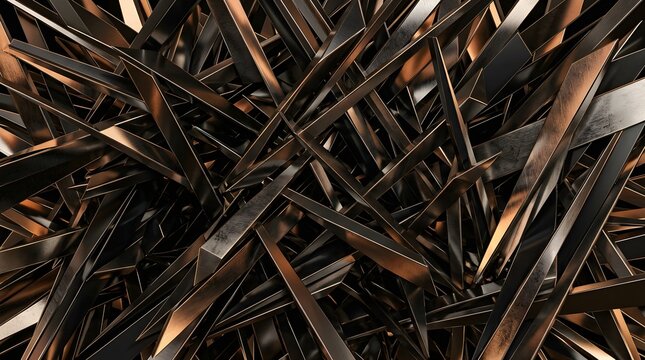 Abstract 3D Render of Chaotic Metallic Shards and Sharp Geometric Beams in Bronze and Dark Copper.