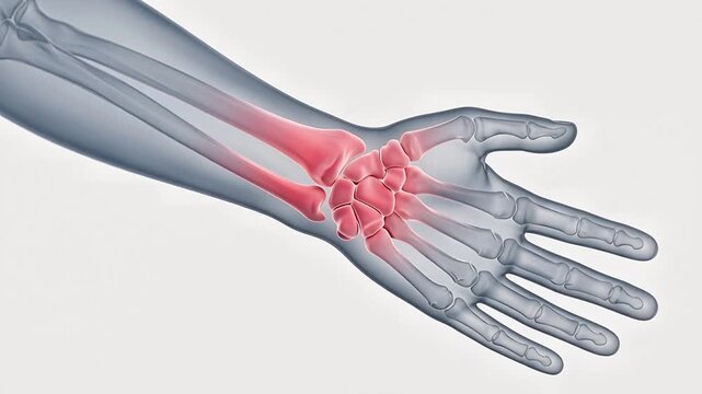 3D medical animation of a human hand and wrist skeleton with a red highlight indicating inflammation, injury, or carpal tunnel syndrome in the joint