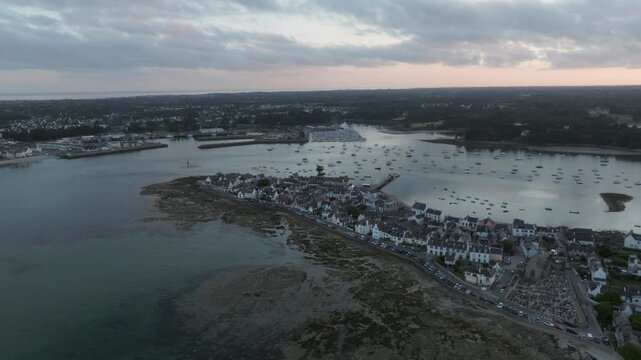 Aerial panorama of Ile Tudy village and boat moorings