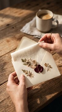 Woman opening a handmade envelope decorated with dried flowers and wax seal on a wooden table