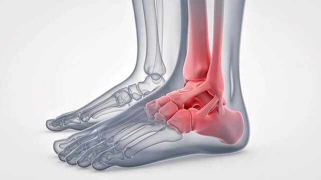 Anatomical 3D rendering of the human foot and ankle bones with a red glow representing pain, inflammation, or injury in the joint area.
