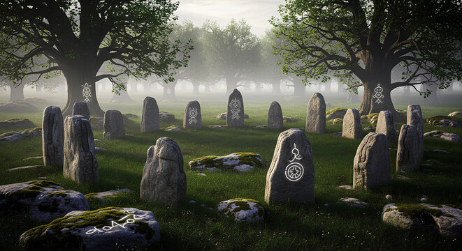 Ancient stone monoliths with glowing magic runes arranged in a circle within a dense, misty forest landscape