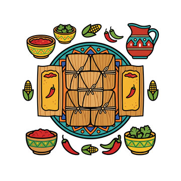  Flat Vector Symmetrical Tamale Layout with Pottery Illustration