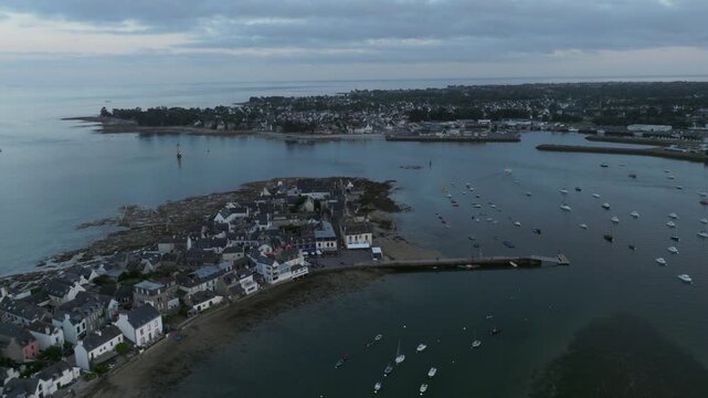 Drone flight over Ile Tudy waterfront and boats