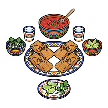 Symmetrical Tamales and Colorful Pottery Flat Vector Illustration with Thick Black Outlines