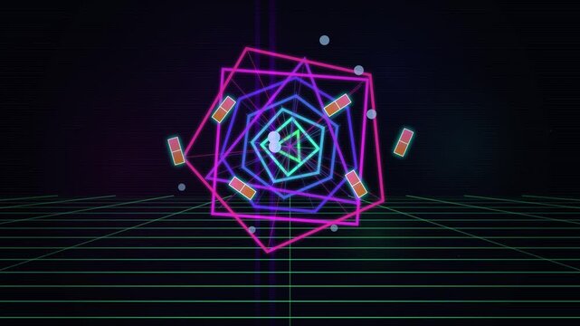 Neon Geometric Shapes Rotating Abstract Background with Grid and Particles