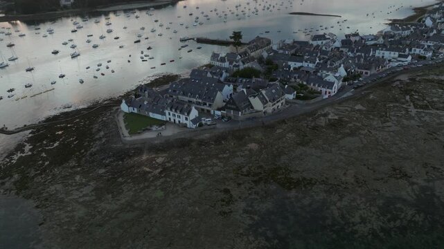 Drone view above Ile Tudy peninsula and moored boats