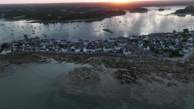 Aerial view of Ile Tudy village and estuary at sunset