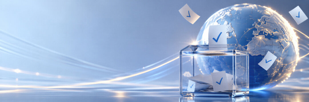 Transparent ballot box with checked voting papers beside a connected globe. International democracy, civic participation, election technology and global governance concept. Banner with copy space