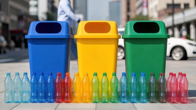 Colorful recycling bins with sorted plastic bottles for waste management and environmental sustainability in urban setting