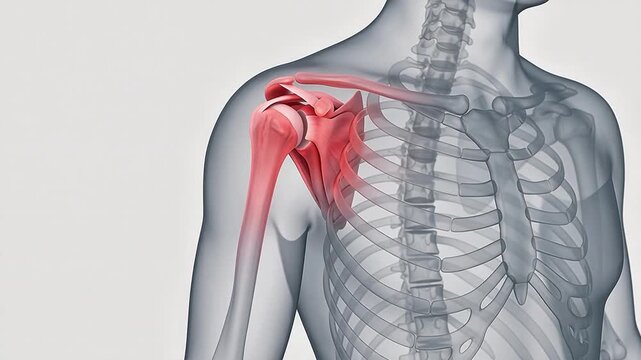 3D anatomical medical animation of a human shoulder joint with highlighted red areas representing pain or injury