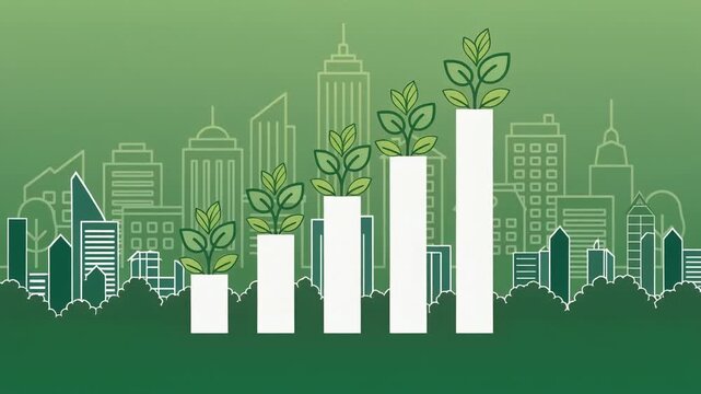 Sustainable urban growth with green plants growing on increasing bar charts and city skyline background