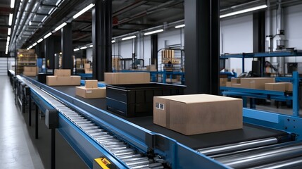 Obraz premium A modern warehouse conveyor system transporting cardboard boxes and black bins through an organized logistics facility with bright overhead lighting