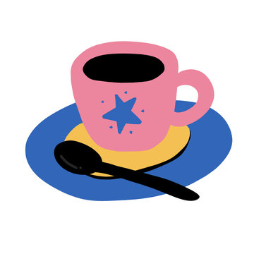 Cute Coffee Cup with Plate and Spoon Illustration