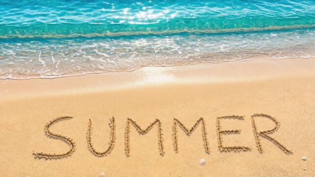 Summer written in sand on a sunny beach with clear blue ocean waves and golden shore