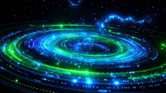 Futuristic glowing blue and green digital vortex with technology and energy concept in space background