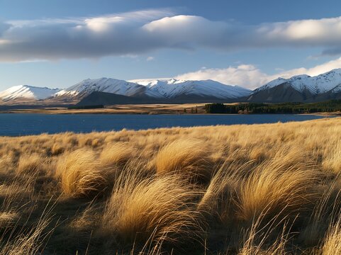 Meadow by Lake Tekapo with snowy mountains in the background