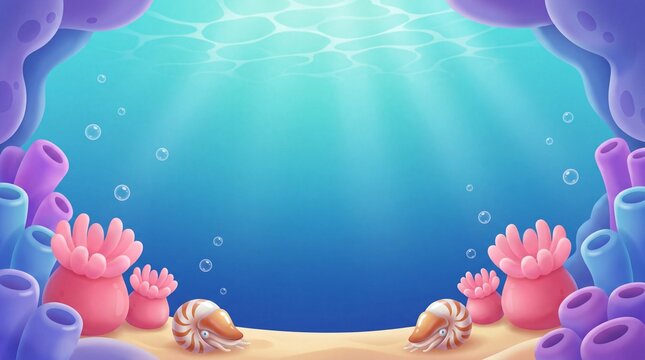 Cute Cartoon Underwater Ocean Background with Coral Reef Anemones Sea Shells and Sunlight Caustics   