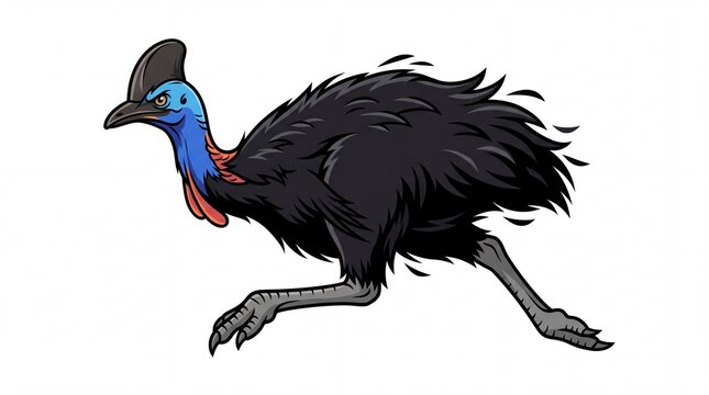 Cartoon illustration of a flightless cassowary bird with blue neck and black feathers isolated on white background