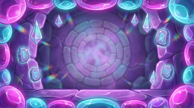 Fantasy Game Stone Dungeon Frame with Glowing Magical Crystals Runes and Iridescent Bubble Border   