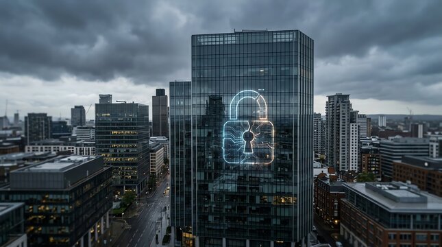 Modern Glass Office Building with Neon Security Lock Icon on Facade Under Dark Cloudy Sky