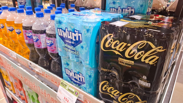 Coca Cola zero sugar and Fanta soft drink multipacks and plastic bottles displayed on supermarket shelf on August 16, 2026 in Bangkok,  Thailand 