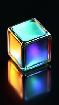 Vivid glass cube with iridescent neon reflections on a black background, suitable for modern abstract design, technology visuals, and creative backgrounds in digital projects.