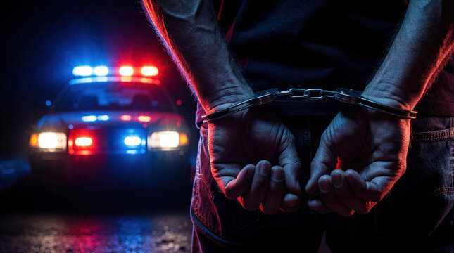 Person in handcuffs stands at night. Police car lights flash red and blue, illuminating arrest scene. Law enforcement detains suspect outdoors after incident. Criminal justice process begins.