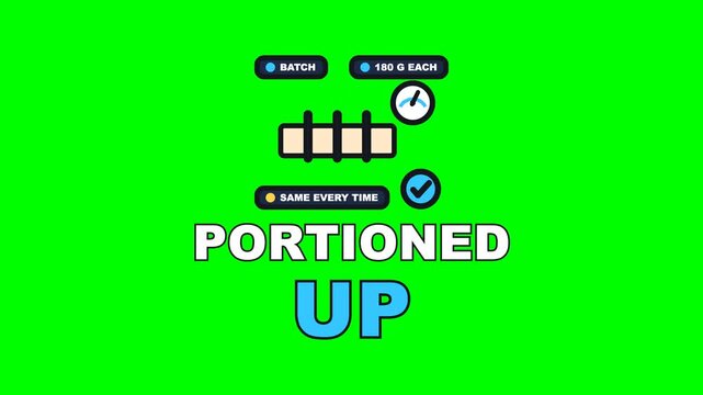 4K green screen PORTIONED UP animated text - the dividers dropping through the batch so every portion matches, kinetic typography kitchen overlay for chef content, chroma key