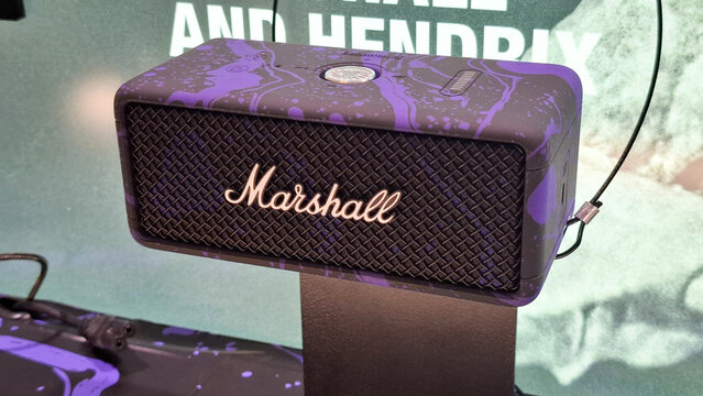 Marshall portable bluetooth speaker Jimi Hendrix special edition displayed on retail stand on September 17, 2026 in Bangkok, Thailand 