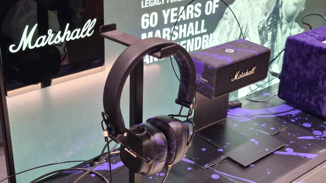 Marshall audio bluetooth headphone and portable speaker Jimi Hendrix edition displayed on September 17, 2026 in Bangkok, Thailand 