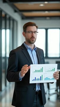 Confident businessman in formal suit presenting financial charts during a business meeting in modern office, explaining statistics and growth strategies to colleagues.