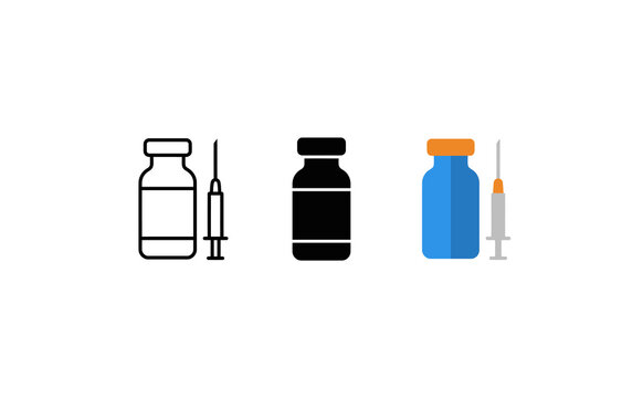 Minimalist vaccine vial and syringe vector icons set in flat and outline styles