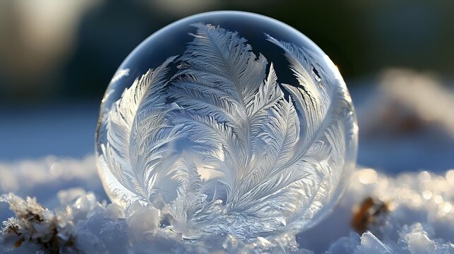 Macro frozen soap bubble displaying intricate feathered ice crystallization beneath soft neutral lighting exceptional winter abstract with ultra realistic detail