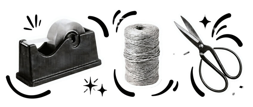 Package packaging materials stationery set on transparent background, desktop tape dispenser with rolled twine string ball and black scissors. Commercial supplies creates efficient packaging.