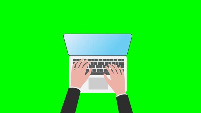 Top view animated loop of hands typing on a laptop keyboard over a chroma key green screen background, 