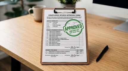 Obraz premium Approved compliance review form on a clipboard atop a wooden desk