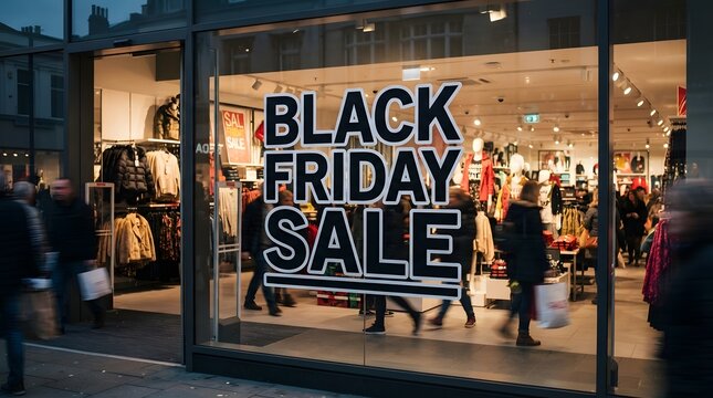 Black friday sale sign displayed on a glass storefront window of a clothing store with shoppers walking by