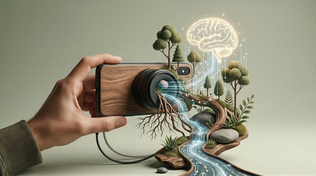 Man holding smartphone with camera lens generating virtual forest and glowing brain. Digital content creation and artificial intelligence concept. Innovative mobile technology for blogging.